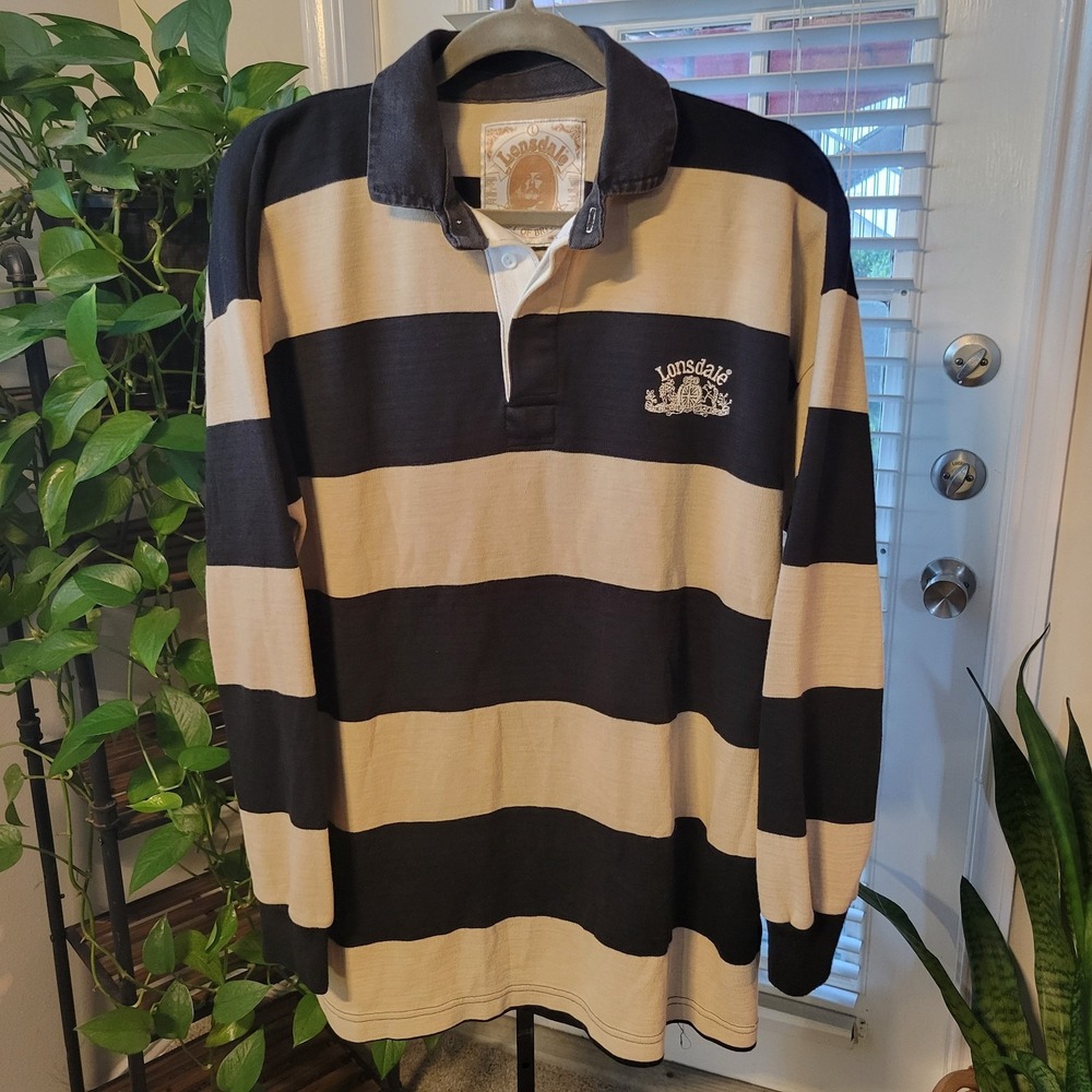 VTG LONSDALE MENS L BLACK TAN LONG SLEEVE RUGBY POLO SHIRT MADE IN ENGLAND 90S